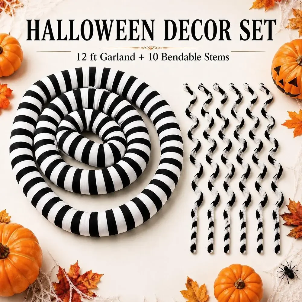 12 Ft Black White Sandworm Garland & 10 Spiral Halloween Ornaments NIB